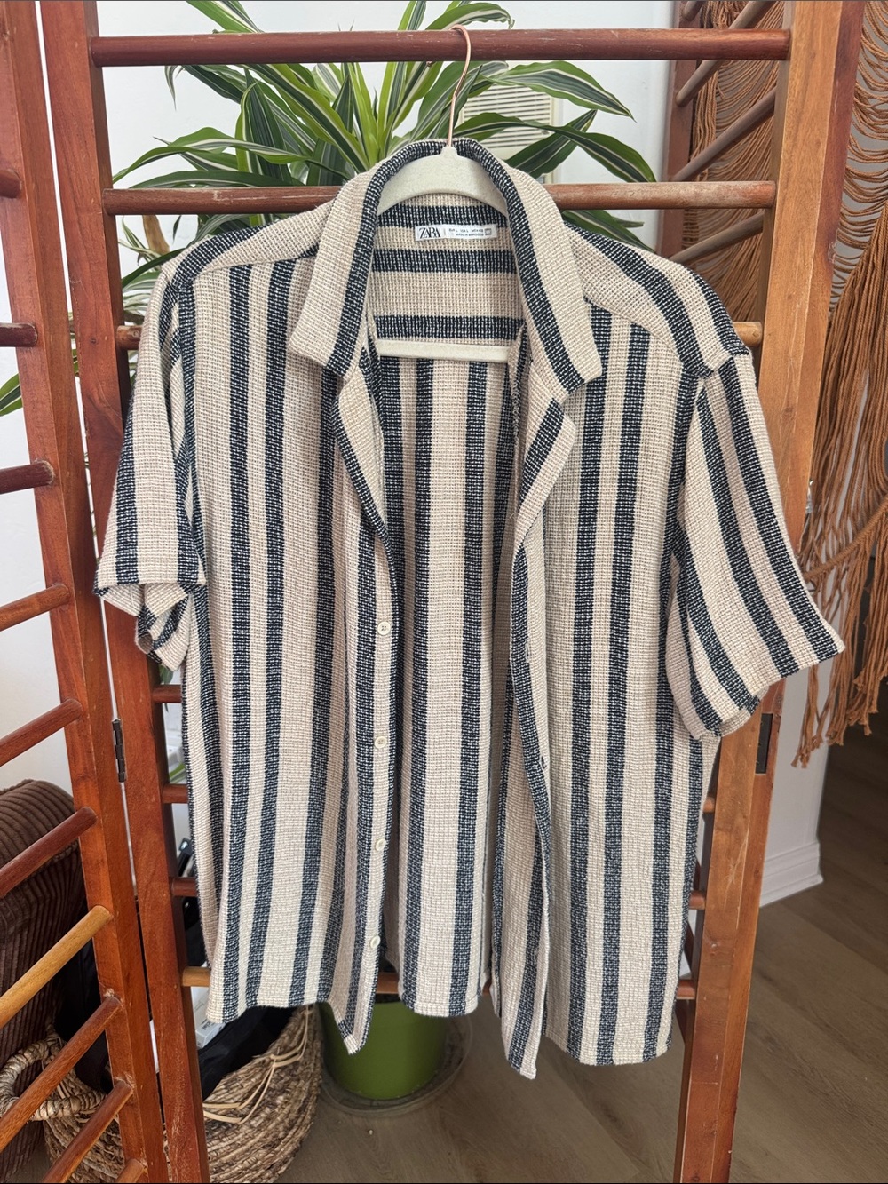 Zara Striped Short-Sleeve Button-Down Shirt - Beige & Black